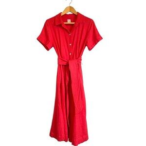 Joie red linen midi dress buttons collar belt short sleeve pockets Size S